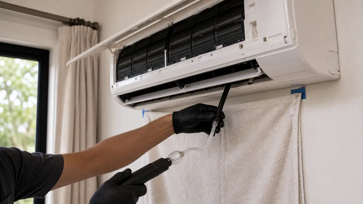 Flushing a clogged condensate drain line on a Carrier system in Encino, CA