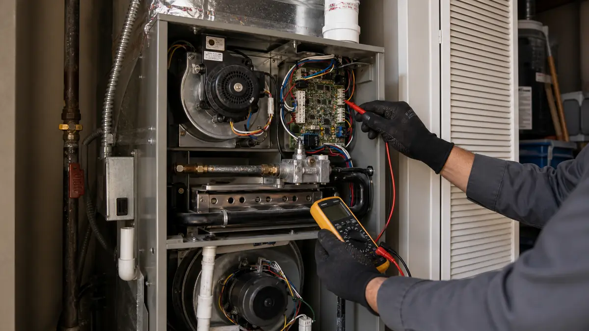 Carrier 59-series gas furnace being serviced at an Encino, CA home