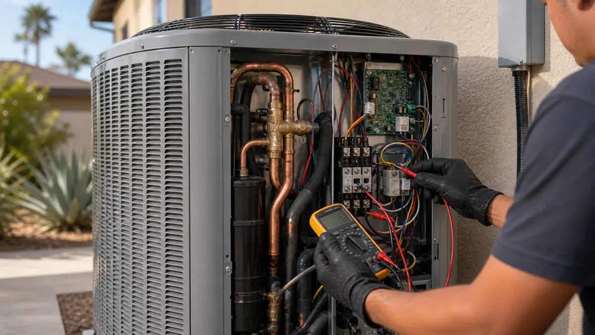 Technician repairing a Carrier air conditioner condenser at an Encino, CA home